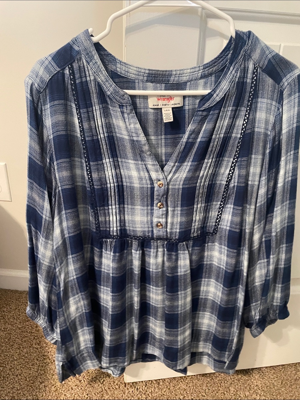 Wrangler Navy and White Plaid Peasant Top